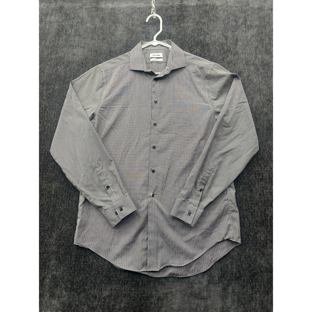 Calvin Klein Dress Shirt Mens 16 Gray Gingham Slim Fit Performance Non Iron